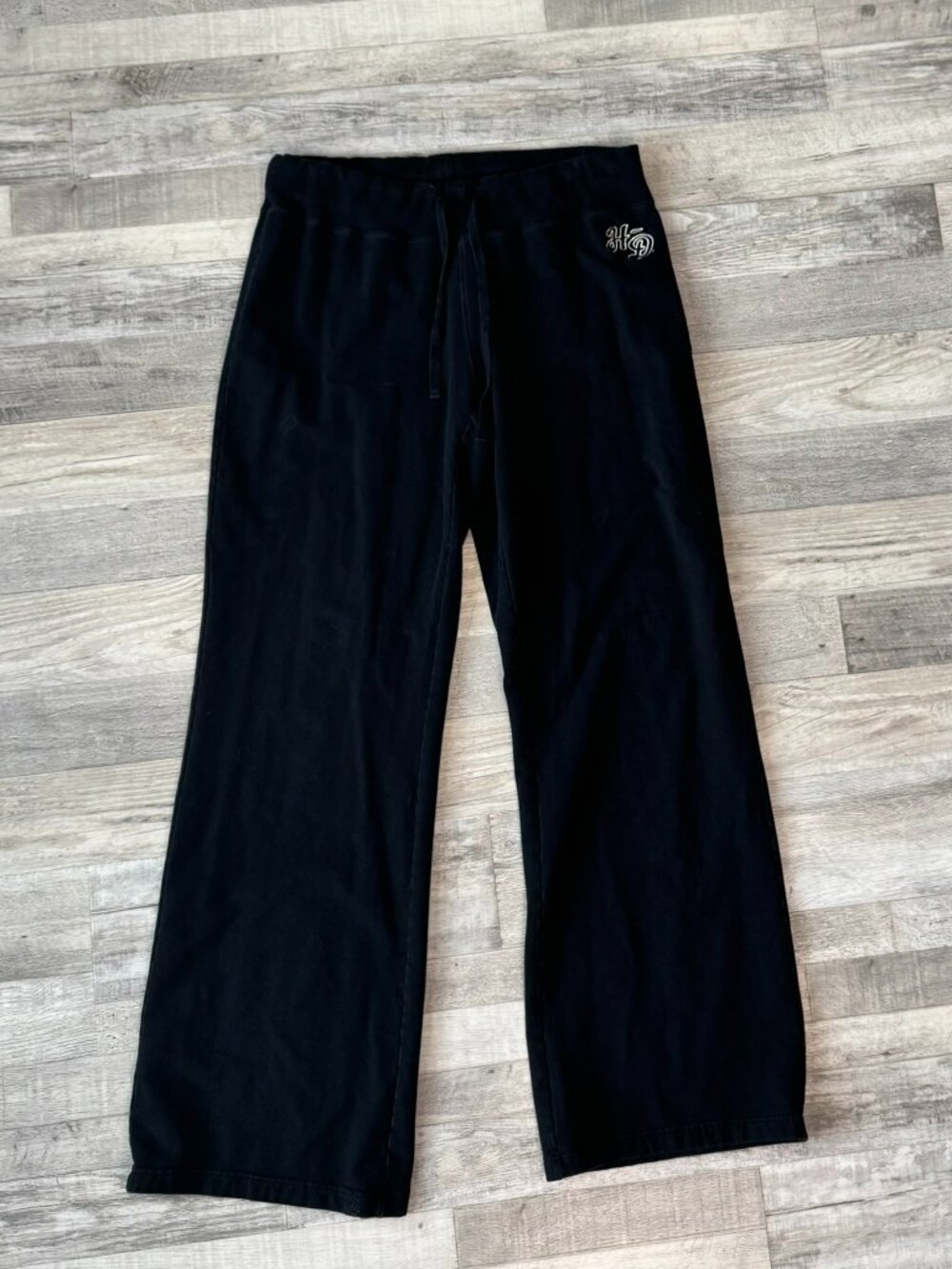 Harley Davidson black wide leg yoga pants drawstring embroidered size large I9